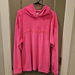 PINK Hoodie Hot Pink Colored Velour Long Sleeve Pullover Women’s Size Large